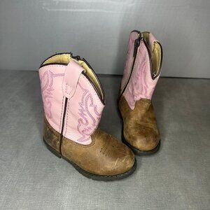 Toddler Girls Pink & Brown Cowboy Boots | Western Cowgirl Zip Ankle Boots size 7